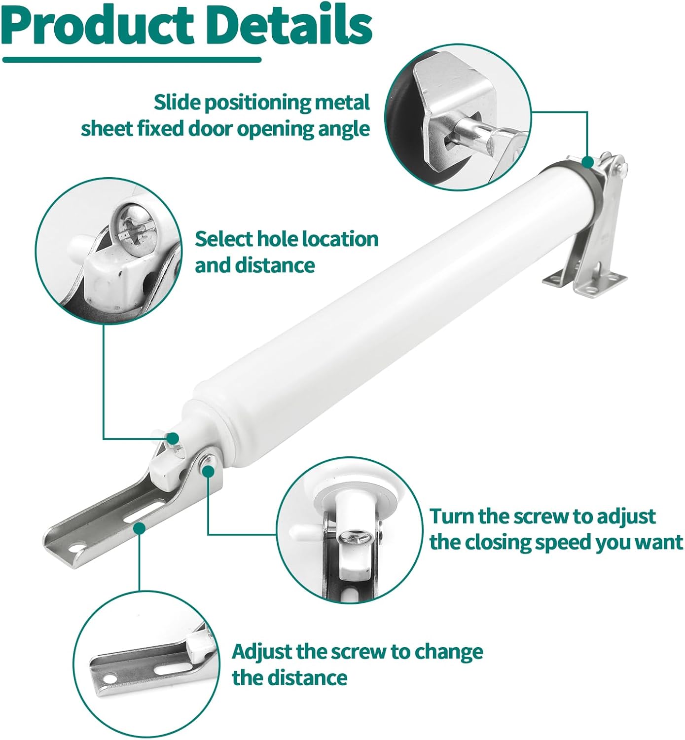 Screen and Storm Door Closer Kit, Heavy Duty Pneumatic Screen and Storm Door Closer, Screen and Storm Door Push Button Latch Set Replacement Kit, Adjust Smooth Closing Speed (White)