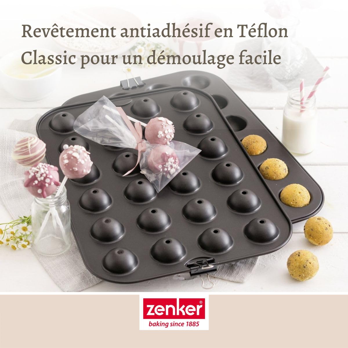 Zenker 7424 Moule pop cake 24 empreintes et 48 bâtonnets, moule cake pop et batonnet pop cake, moule à gâteaux, moule a sucette, moule sucette chocolat, Acier, Plastique, 38,5 x 26,5 x 3 cm