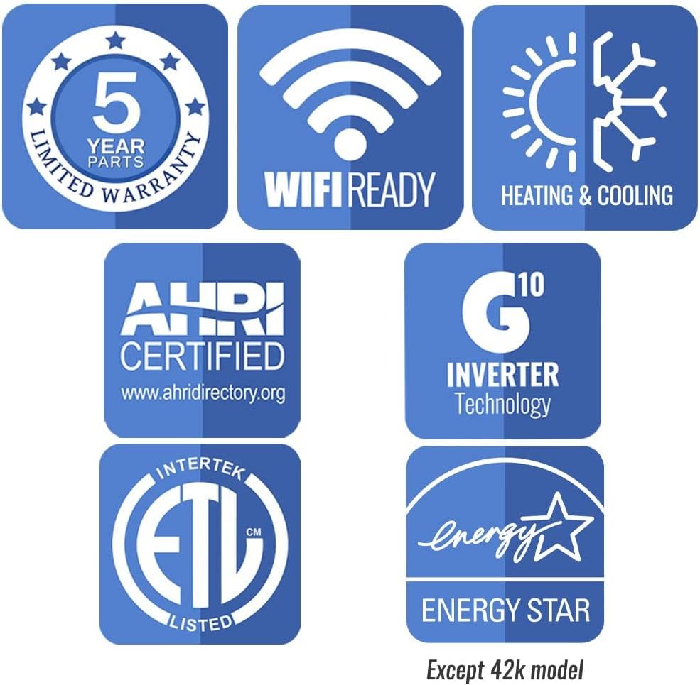 Icons representing key features: 5-year limited parts warranty, Wi-Fi ready, heating & cooling, AHRI certified, G10 inverter technology, Intertek ETL listed, and Energy Star.
