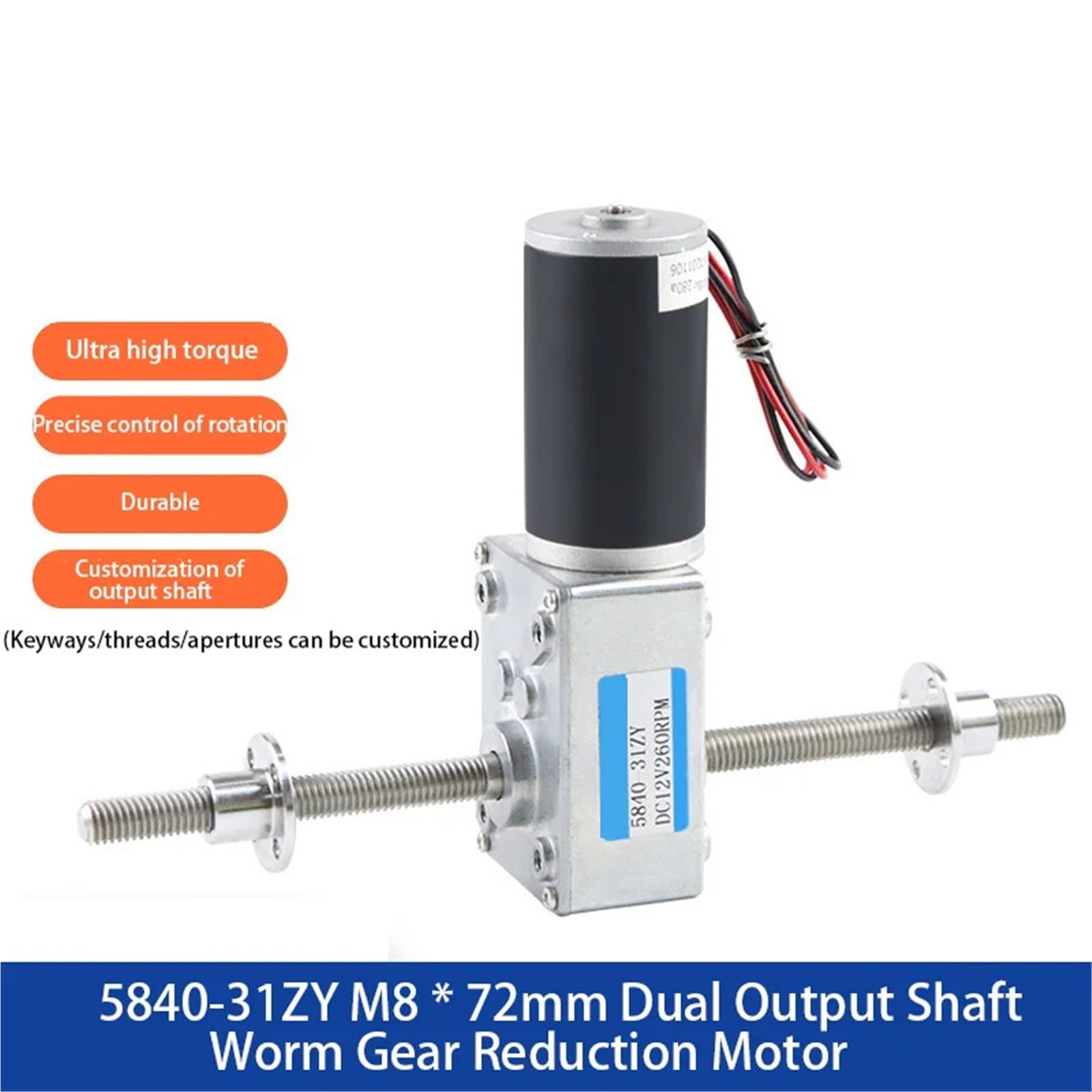 Motor de CC de doble eje con tornillo de salida doble, 5840-31ZY, M8 x 72 mm, con bridas, 12 V, 24 V, 12-470 rpm, con elevador de tornillo sin fin(12V and 2 flangs,470RPM,Same Direction)