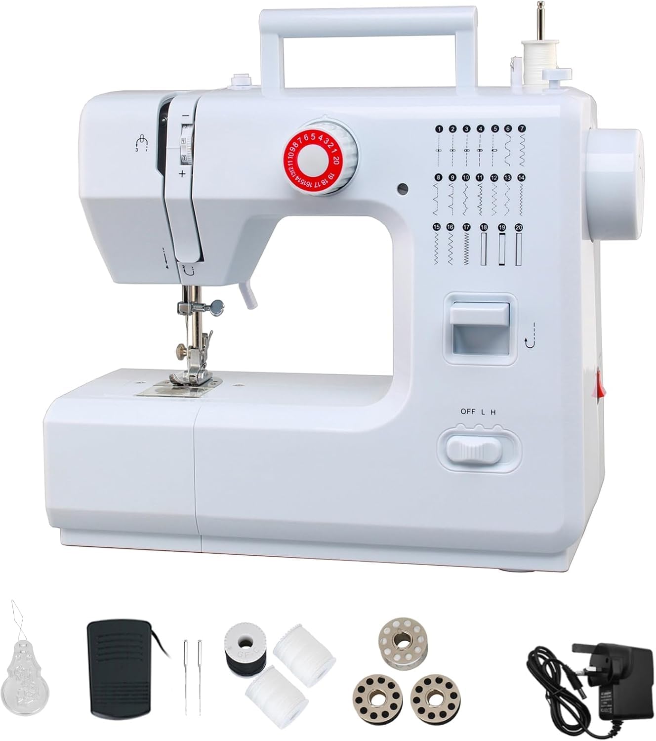 Sewing Machine with Foot Pedal for Beginners, 20 Stitches Household Electric Sewing Machine, LetCartMaker FHSM-618, 31 * 13.1 * 25.8cm, White