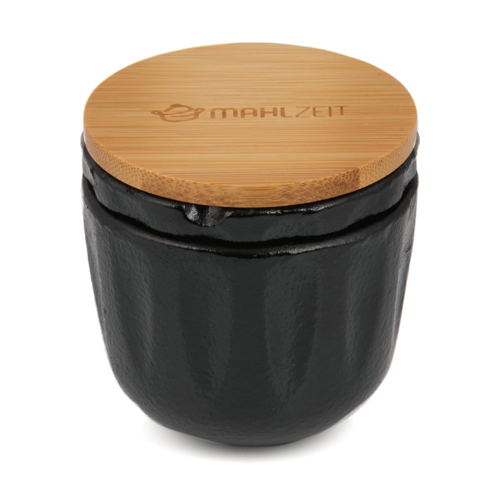 Mahlzeit Peppermill in ghisa | Ø 7,5 x (H) 8 cm | nero | coperchio in bambù con anello in silicone | macina spezie pepe mortaio erbe erbe aromatiche grattugia spezie mortaio in ghisa