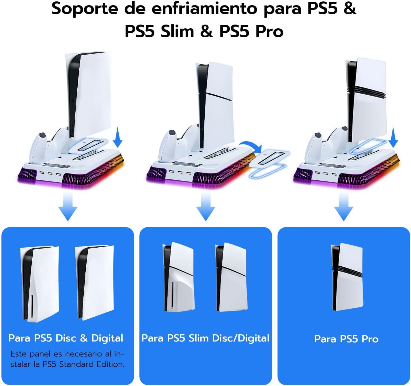 Supporto verticale per PS5 Slim Pro RGB Base Stazione di Raffreddamento con Ventilazione e Illuminazione, Ricarica per 2 Mando, Include 2 Protezioni Antiscivolo per Telecomando Regalo