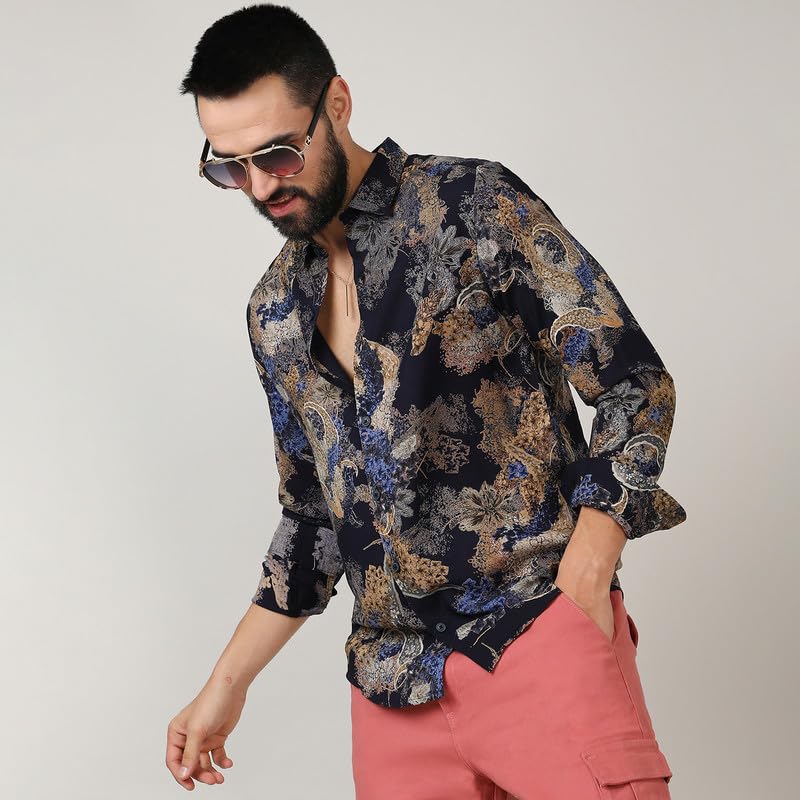 Image of CAHOOT Men's Self-Design Striped Shirt for Casual Wear | Spread Collar | Long Sleeve | Button Closure | Shirt Crafted with Comfort Fit for Everyday Wear