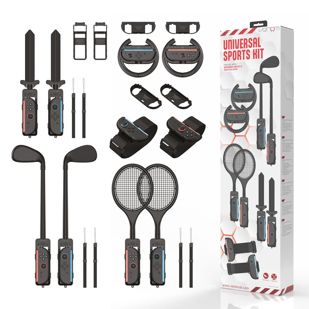 Venom 10-in-1 Sports Kit for Nintendo Switch 2 | Steering Wheels, Golf Clubs, Tennis Rackets, Swords & Leg Straps | Joy-Con Adaptor Pack for Switch Sports