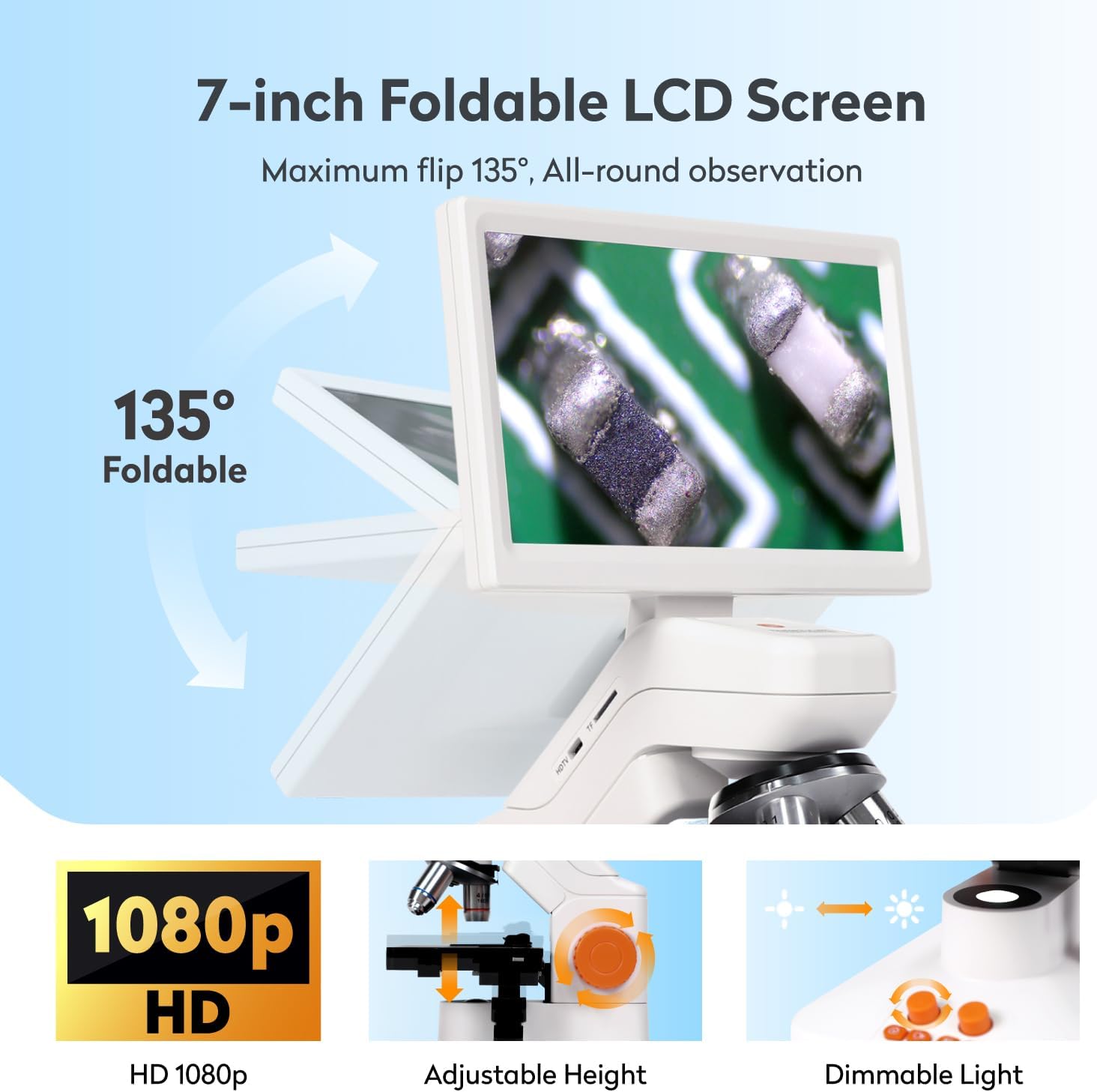 MatataStudio MT3-2 Digital Microscope with its 7-inch LCD screen folded and adjusted to a 135-degree angle.
