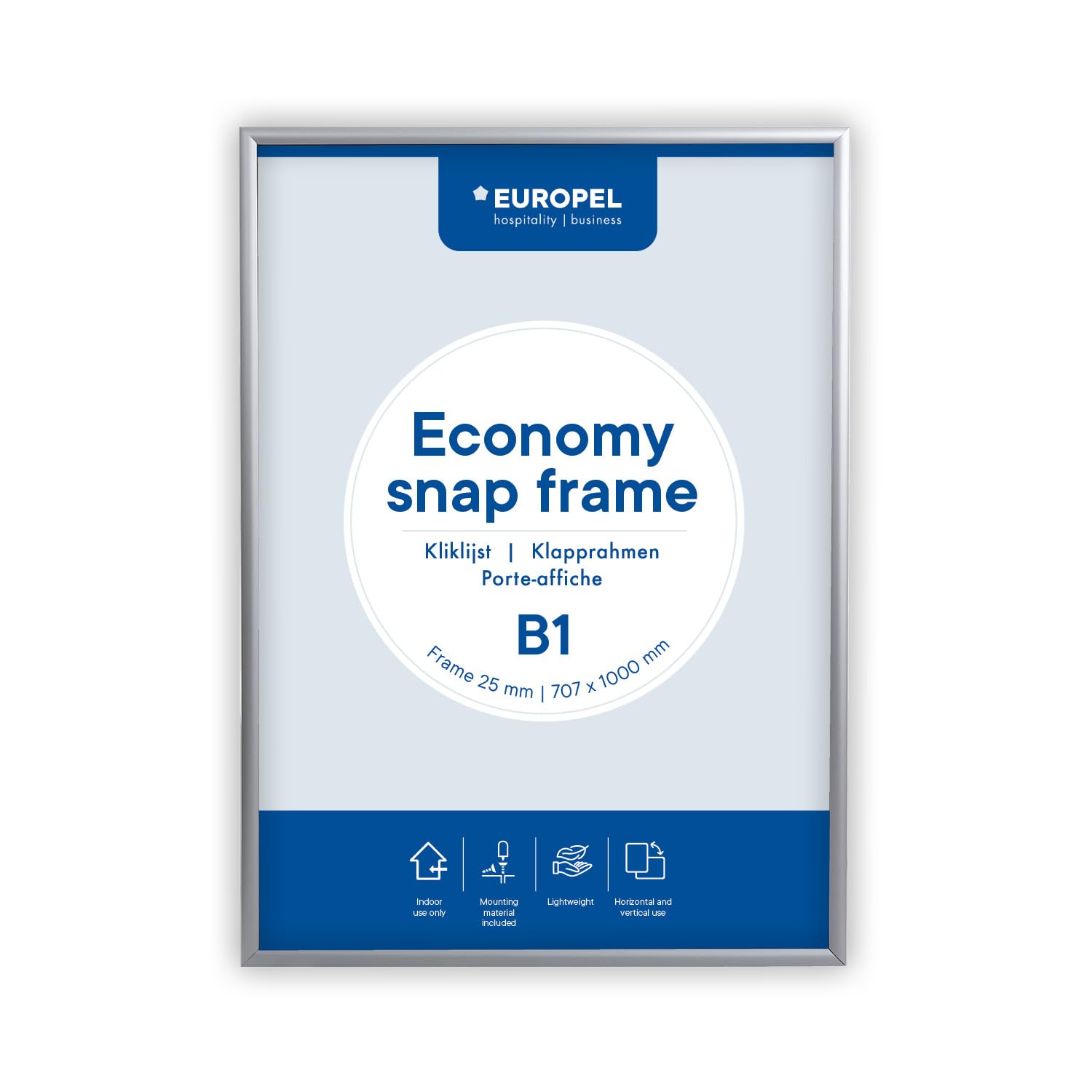 Europel Cornice Economy Snap B1, colore argento, profilo in alluminio 25 x 11 mm, per poster 70,7 x 100 cm, pellicola antiriflesso, visualizzazione di pubblicità, menù, hotel, ufficio, ristorante