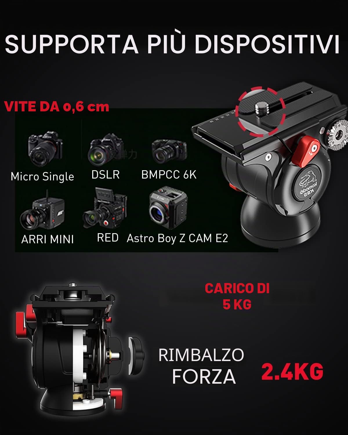 IFOOTAGE Komodo K5S, Testa Treppiede Video per Fotografia, Testa Panoramica Fluid Drag in Alluminio, Testa Leggera per Treppiede con Piastra a Sgancio Rapido, per Fotocamera DSLR, Videocamera