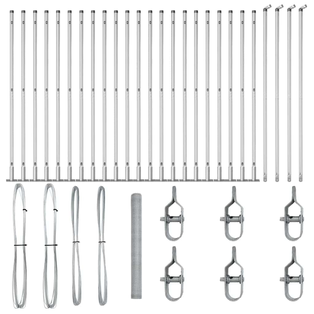 Steel Garden Fence Post Set Silver 50 x 1.6 m 25mm Mesh Outdoor Security Barrier for Yards, Terraces, Pet Enclosure and Property Boundary - 22 Posts Included, Weather & Corrosion Resistant