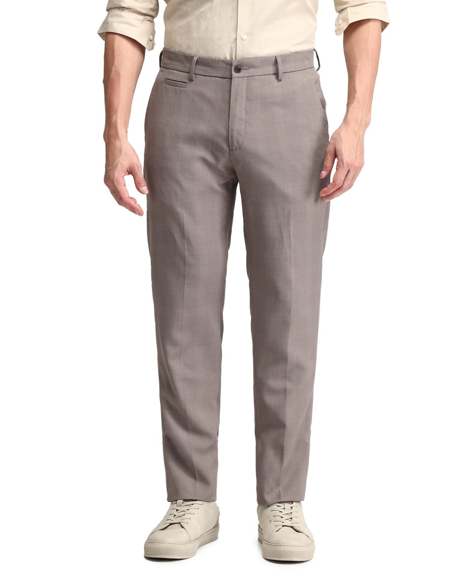New York Mens Beige Solid Mid Rise Polyester Button Slim Flat Front Slant Pocket Trousers-image-49