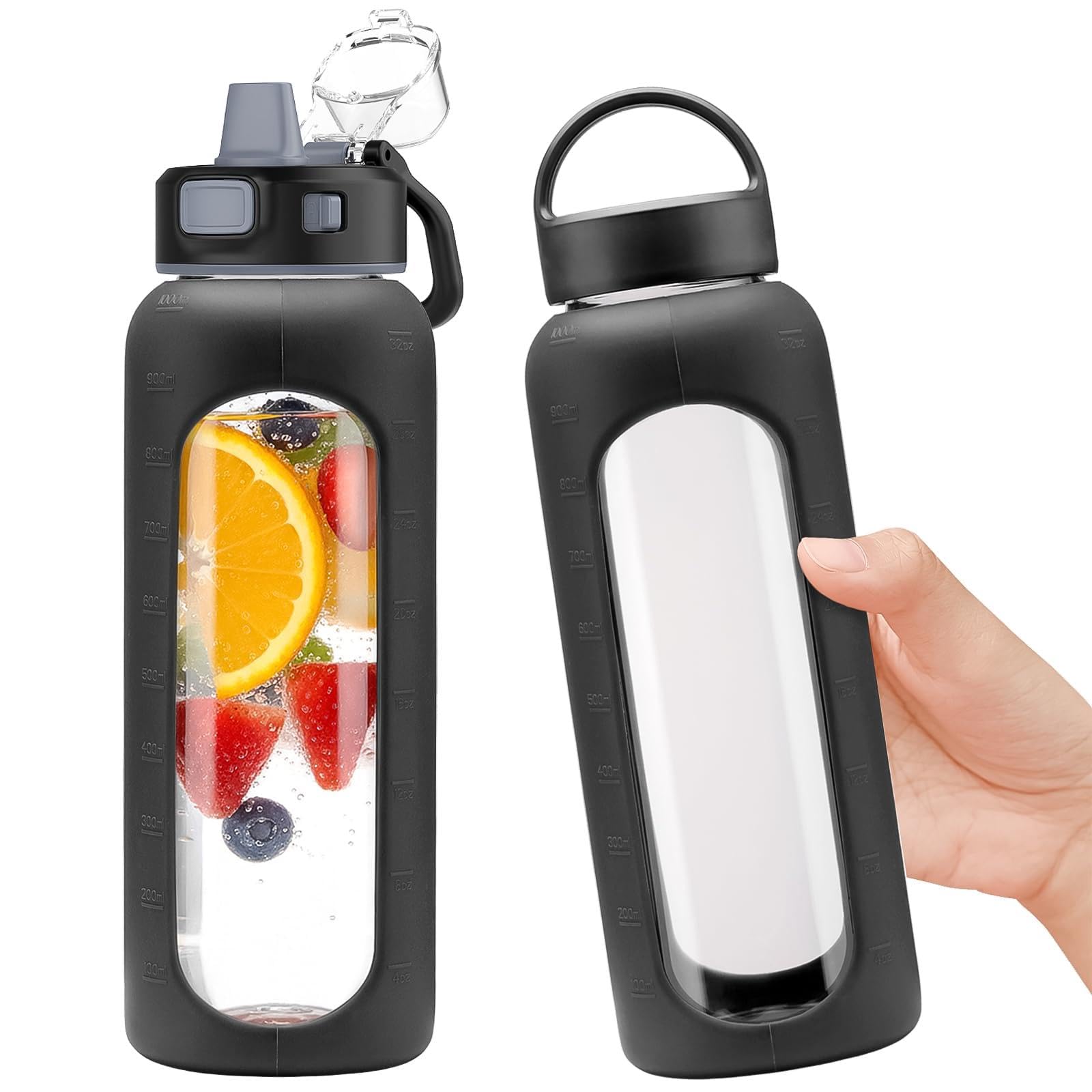 BLUEGO 900ml Glass Water Bottle with 2 Lids-One-touch Lock Lid and Handle Lid Reusable Drinking Bottle with Time Marking for Travel Home Gym Sports BPA Free, Black