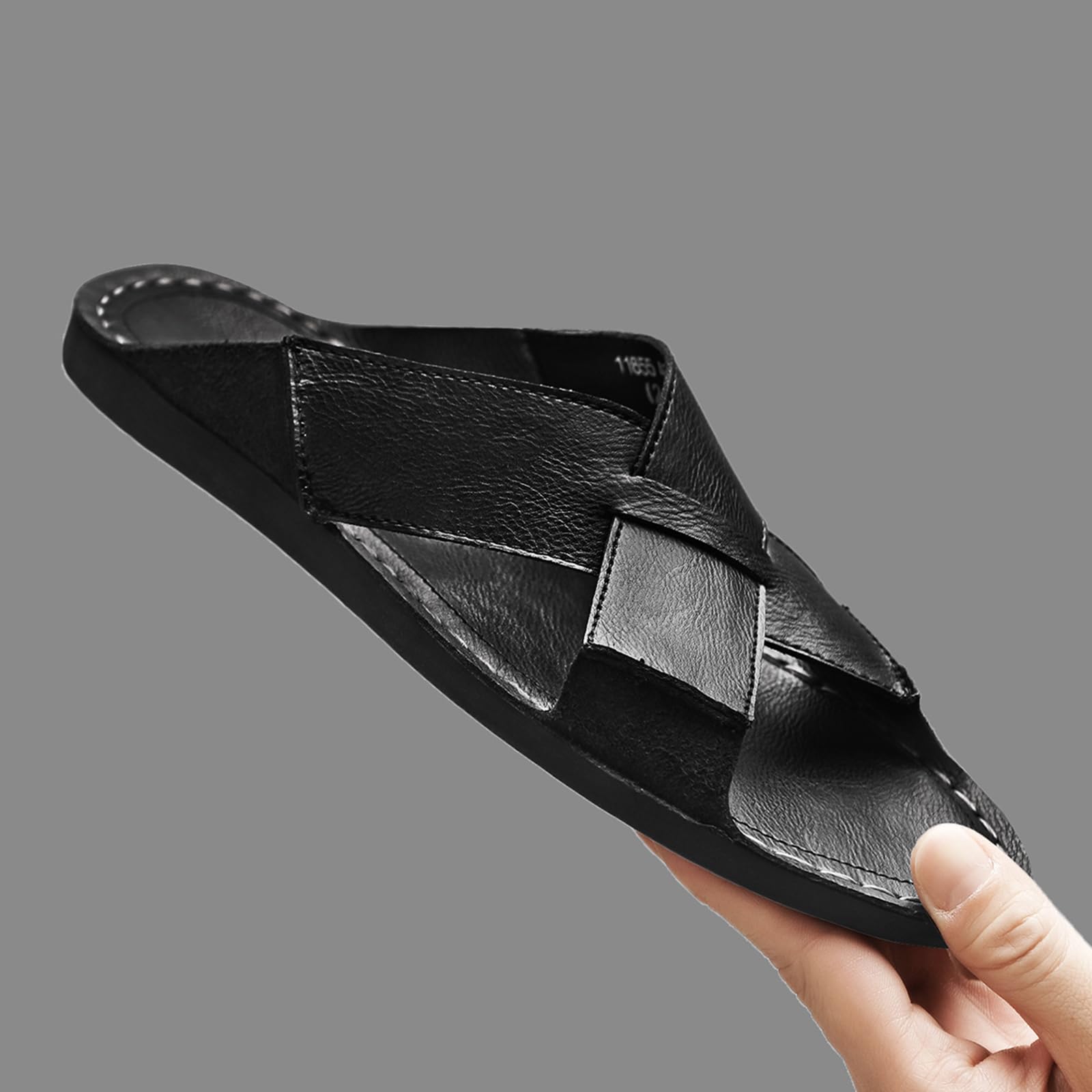 Sandalias de piel auténtica para hombre, cómodas, ligeras, abiertas, redondas, sin cordones, para exteriores, caminar, sandalias casuales de playa, Negro, 46 EU