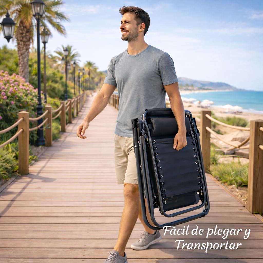 Pack 2 Tumbonas o Sillas de Exterior Plegables para jardín | Playa | Piscina o Terraza | Hamacas Reclinables Camping con Portavasos y Reposacabezas | Hasta 150kg | Silla plegable playa o Tumbona — view 9