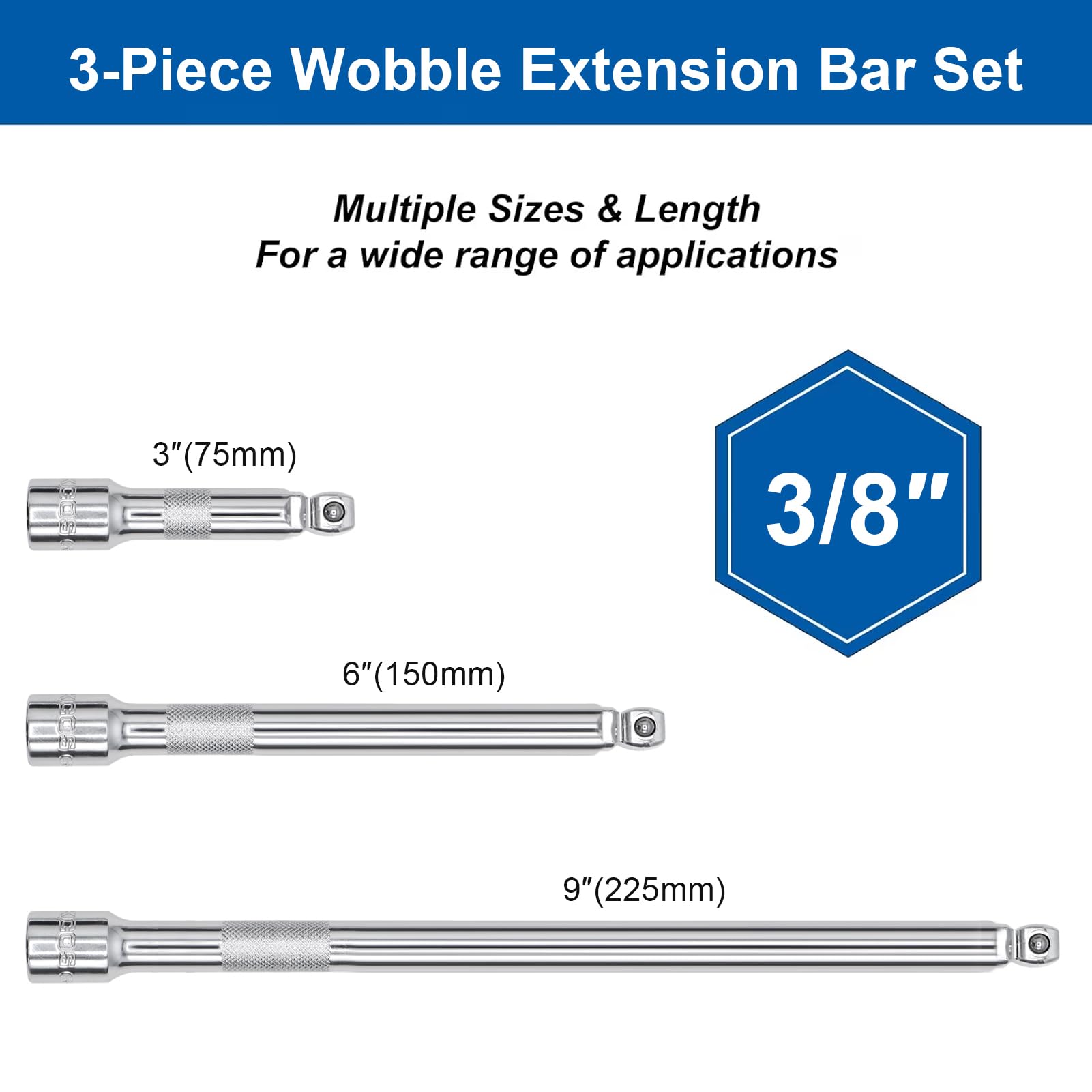 DAKCOS 3/8 Inch Drive Wobble Extension Bar, 3 Pieces Wobble Socket Extension Bar Set, Extensions Socket Tool, CR-V Steel - Image 2