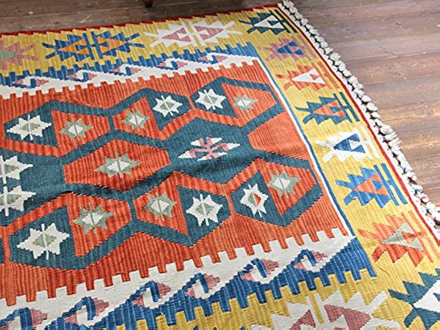 ニューキリム カイセリ 幾何学模様 手織りラグ ウール製 赤 青 オレンジ ニューキリム カイセリ 幾何学模様 手織りラグ ウール製 赤 青