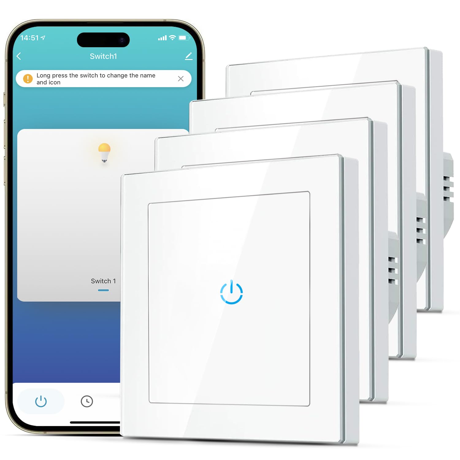 SMARTERCURRY Smart WLAN Lichtschalter 1 Fach 1 Weg, Weiß-4 Stücke | Glas Touch Lichtschalter Kompatibel mit Alexa/Google Home, App Timer/Fernbedienung-Funktionen, Neutralleiter Erforderlich
