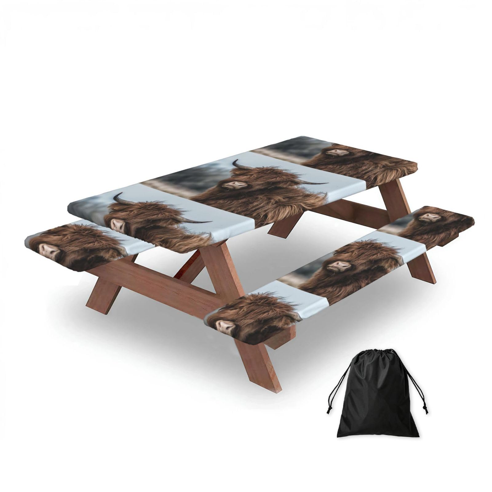 Dopklna As Picture Highland Cow Scottish Wildlife, Picnic Table Cover With Bench Covers -Waterproof Elastic Fitted Tablecloth For Garden Camping Patio 76X152cm