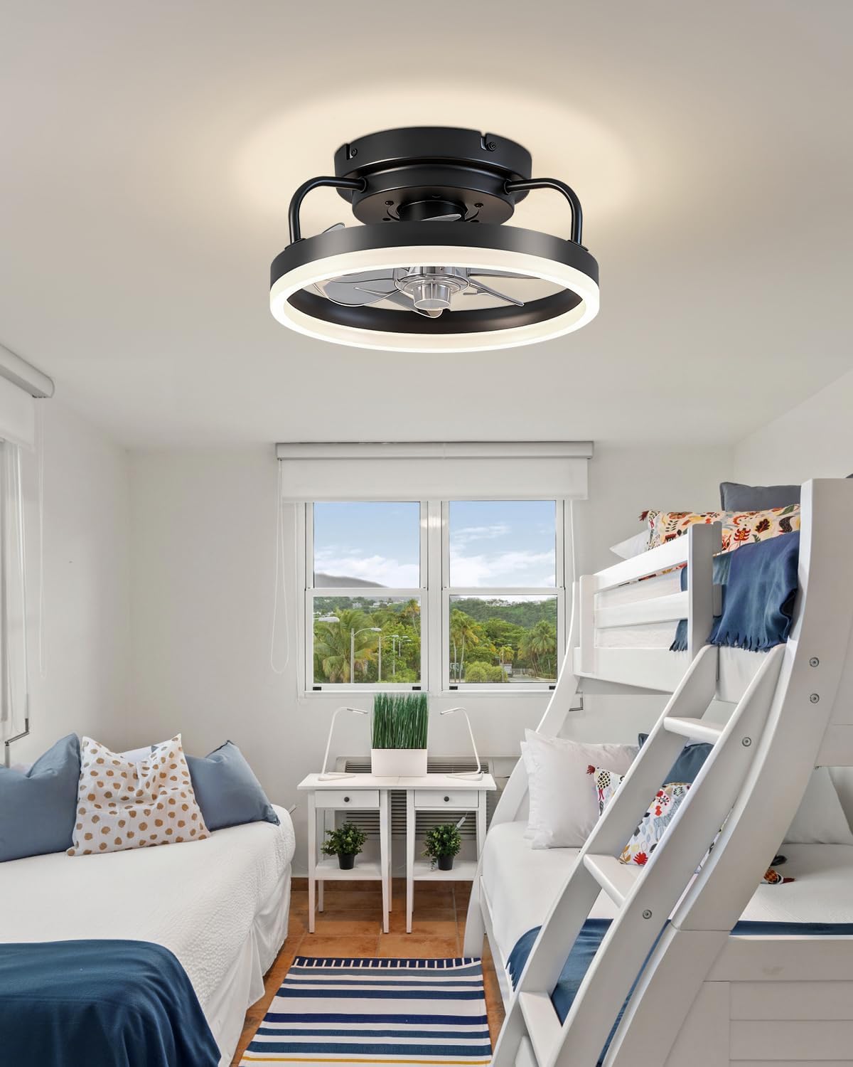 Ceiling Fan with Lights, Low Profile Ceiling Fans with Lights and Remote, Flush Mount LED Fan Light, Modern Bladeless Fandelier for Bedroom Works with APP, 12IN Black