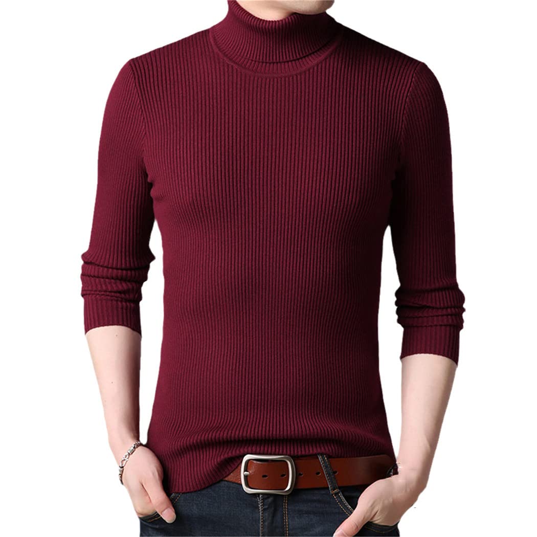 YIOLEAMP Otoño Invierno Hombres Negro Cuello Alto Slim Fit Pullover Color sólido hecho punto suéter transpirable