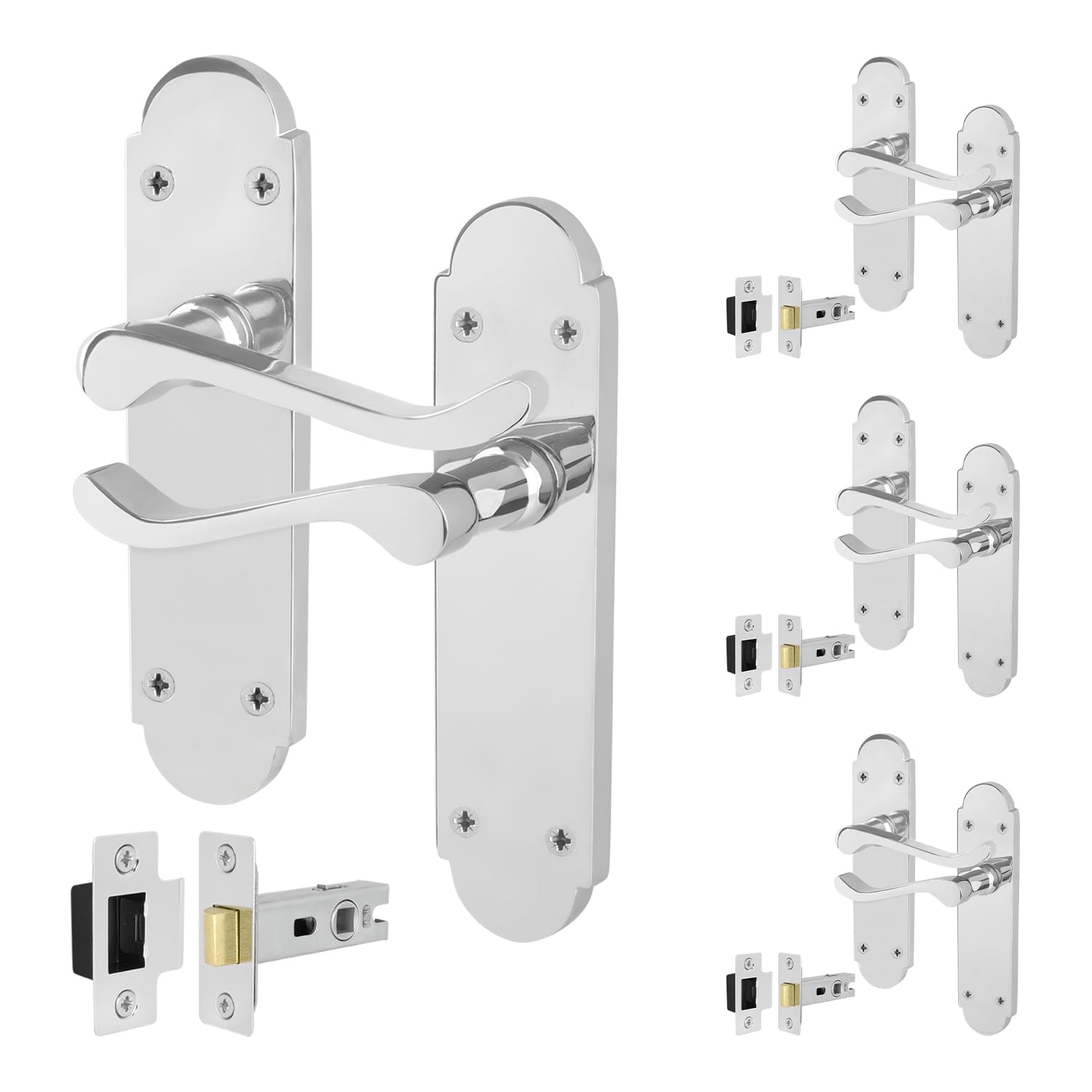 EAI Polished Chrome Door Handles with Latch 64mm, 4 Pack - Victorian Scroll