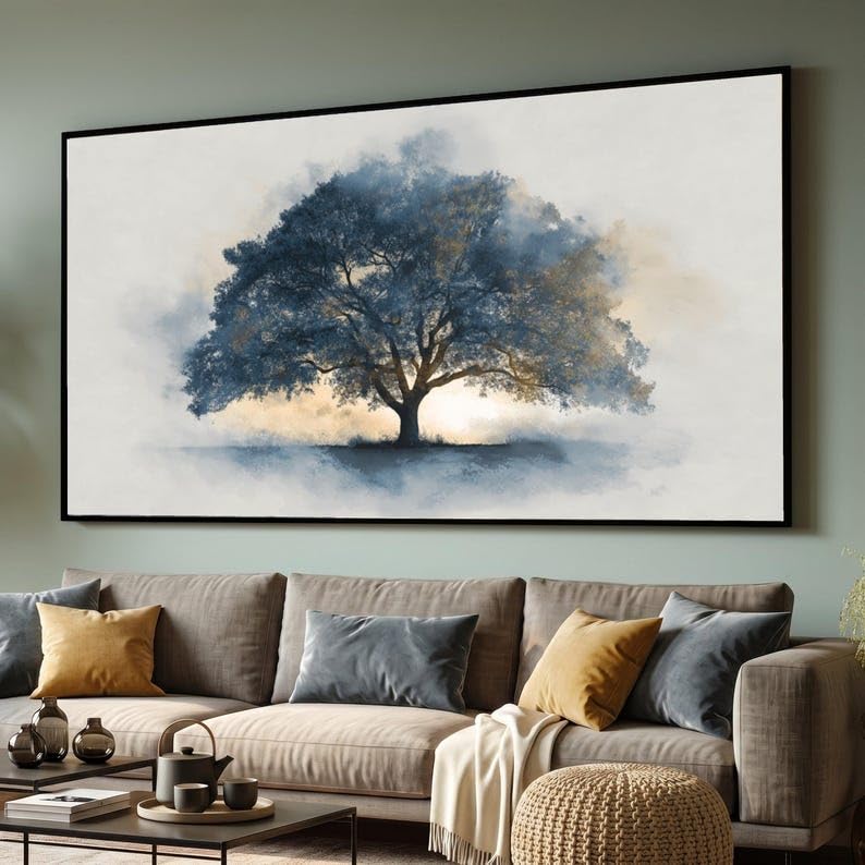 LMYCHENG Cuadro decorativo de pared con majestuoso árbol azul, silueta de naturaleza en lienzo, pintura de paisaje, mural para decoración del hogar (40x70cm/marco interno)