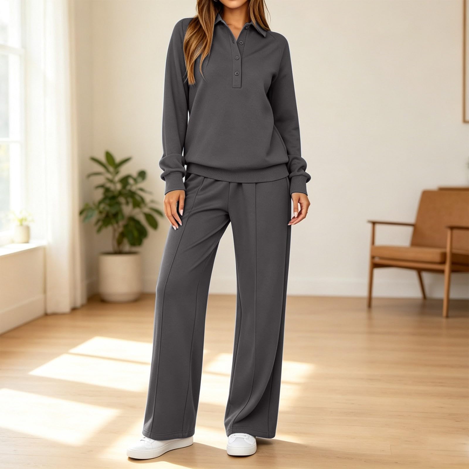 Tuta Sportiva Donna 2 Pezzi Completi Sportiva Manica Lunga Scollo a V Tuta Palestra Completo Da Ginnastica Casual Set Top E Pantaloni a Gamba Larga Tute Per Jogging Yoga Fitness Da Casa Autunno