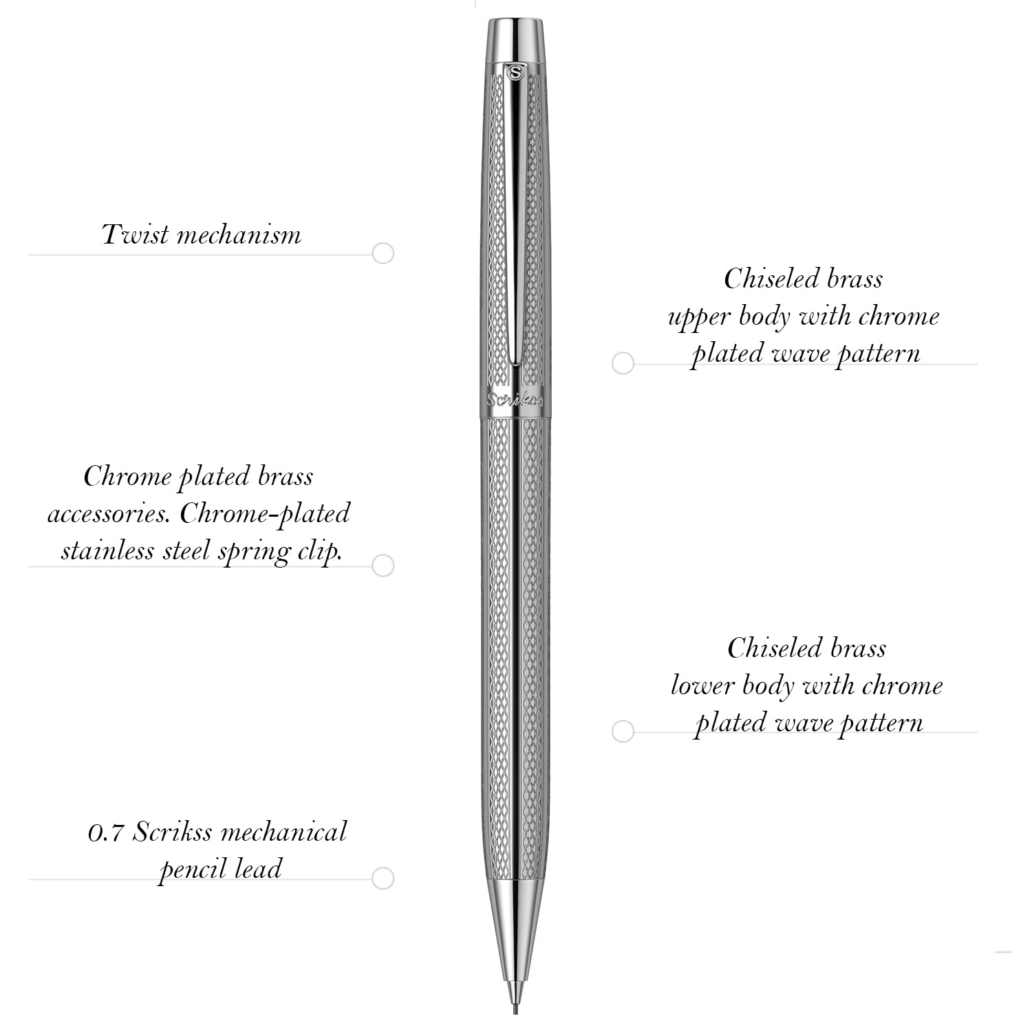 Scrikss Ołówek mechaniczny 0,7 mm, korpus z chromowanego mosiądzu, mechanizm obrotowy, Venus 722, grawerowany wzorem ciętym falą, idealny na prezent