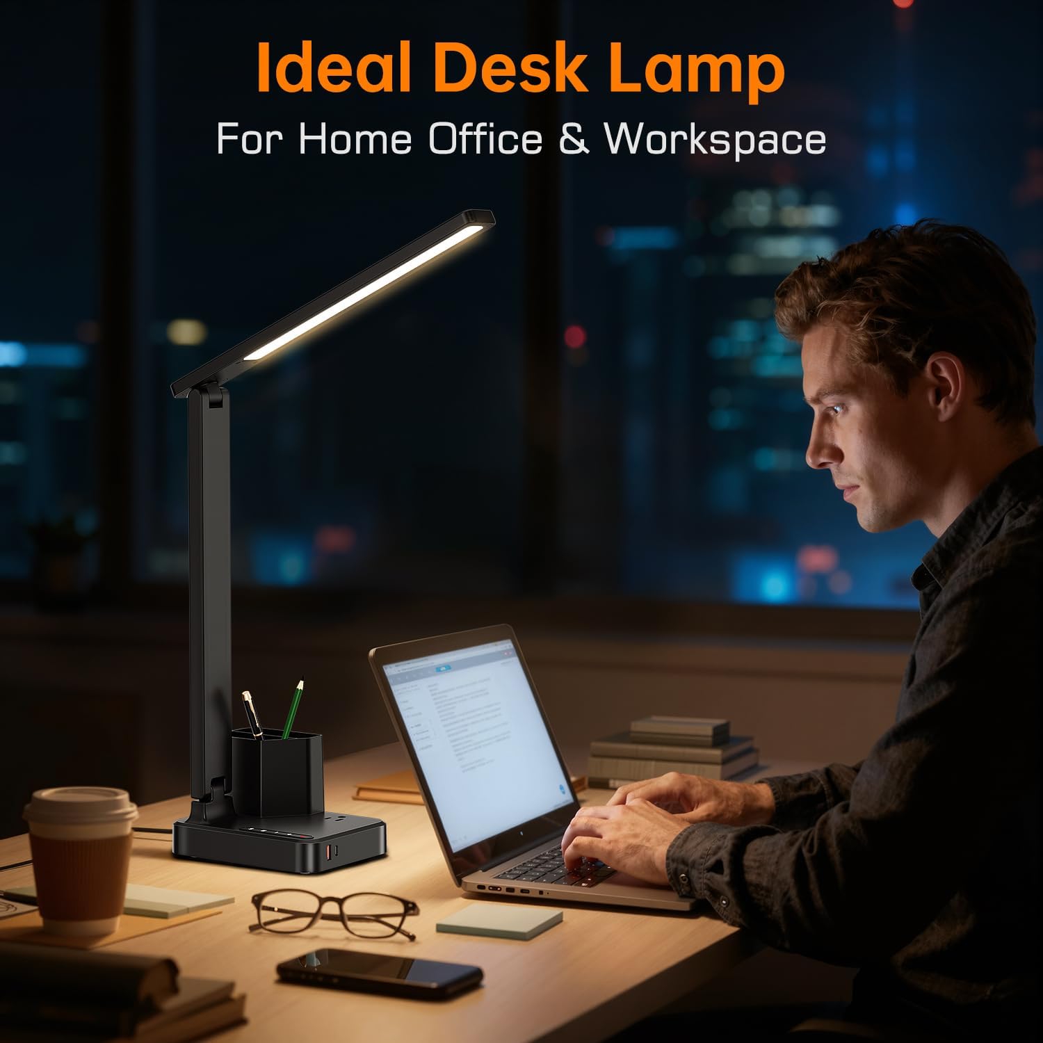 cozoo LED Desk Lamps for Home Office, Modern Dimmable Eye Caring Desk Light with USB Charging Ports AC Outlet, Pen Holder,Touch/Memory/Timer, Kids Small Table Lamp for Reading, Bedroom, Study, Craft