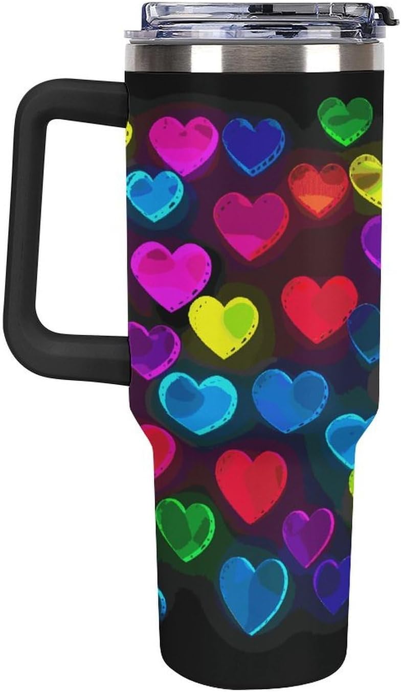 40 Oz Insulated Mug with Handle, Stainless Steel Rainbow Hearts Printed Travel Mug Portable Leak-proof Large Car Mug for Home, Office Or Car