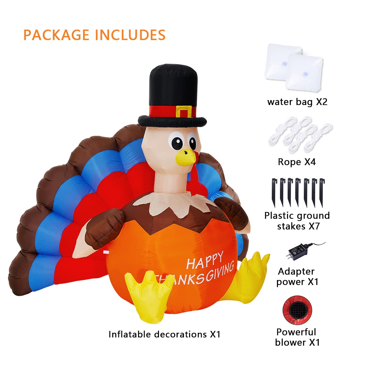 Hacosoon 6.5FT Long Thanksgiving Pumpkin Turkey Inflatable Indoor