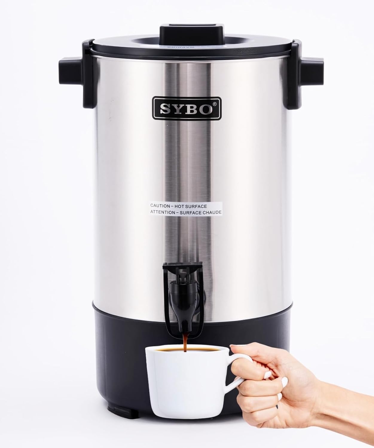 SYBO Commercial Grade Stainless Steel Percolate Coffee Maker, Hot Water Urn for Catering, Hot Beverage Dispenser, 40-Cup, 6L, Metallic 6L Metallic