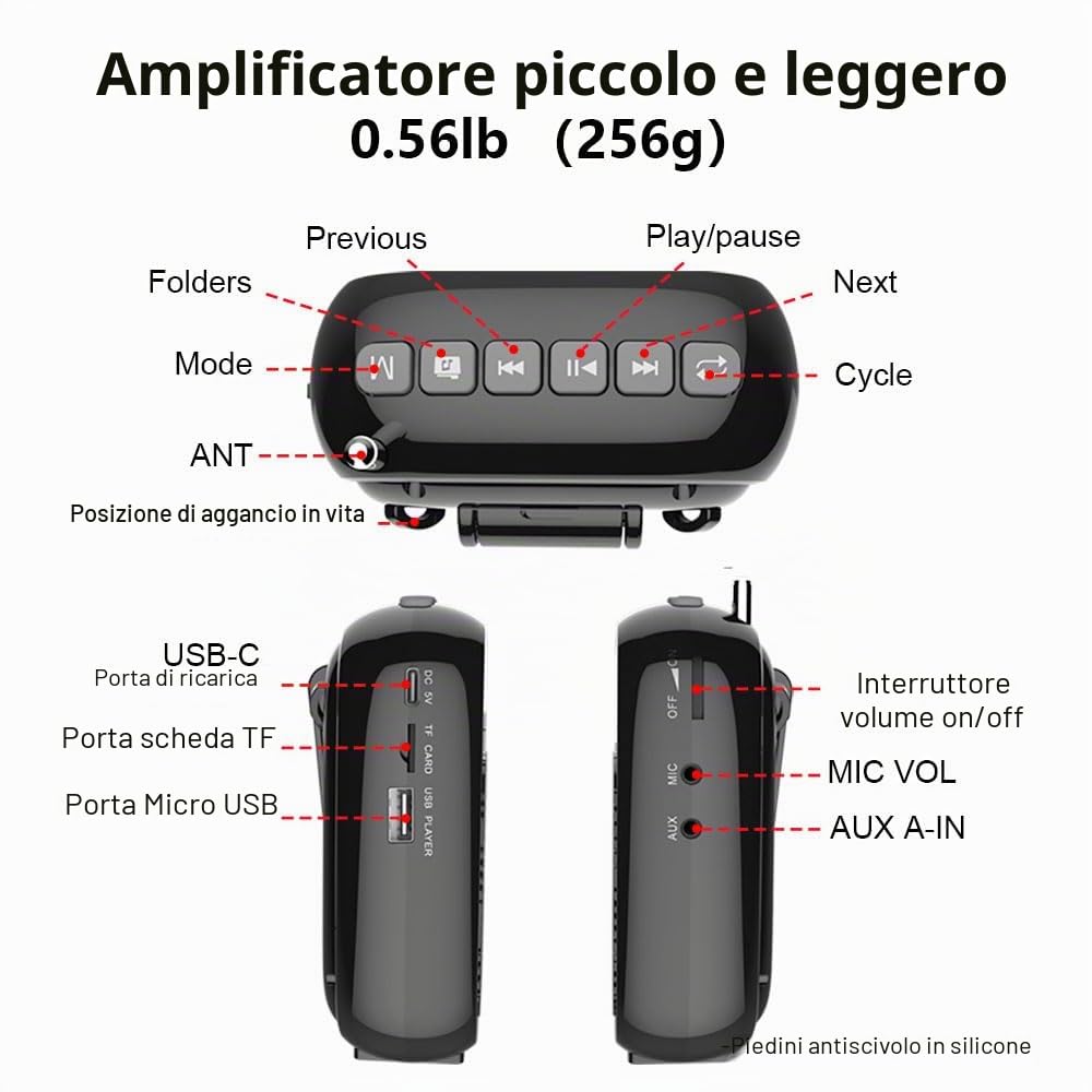orwii Mini amplificatore vocale portatile ricaricabile Bluetooth altoparlante 4000mAh con microfono con cavo cuffie e vita, PA amplificatore vocale personale per insegnanti, guide