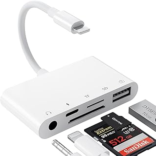 SD Card Reader USB Camera Adapter to iPhone,5 in 1 USB OTG Camera Connection Kits Adapter with SD TF Card Reader and 3.5mm Headphone Jack and Charging Adapter for iPhone 13 Pro/iPad with iOS 15