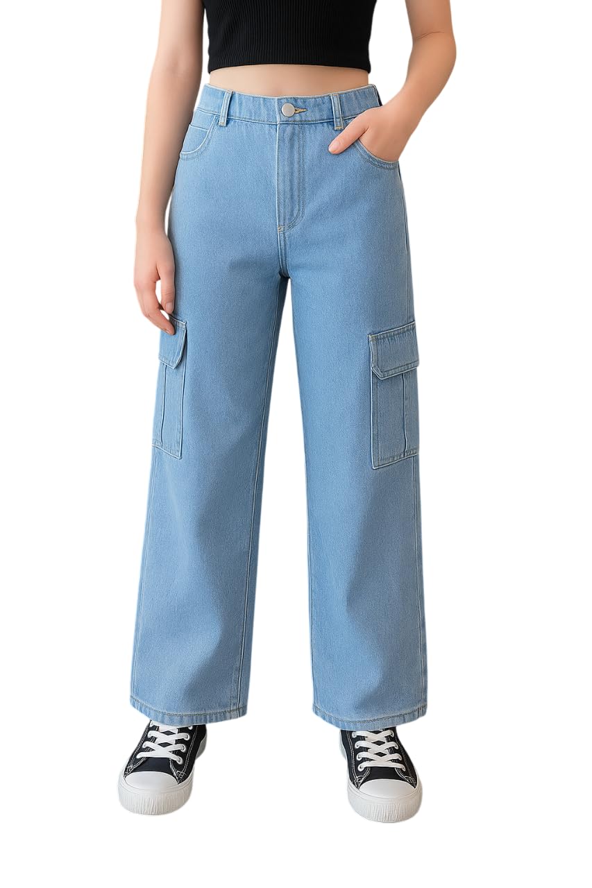 ADBUCKS Stretchable High Rise Cargo Style Wide Leg Jeans for Girls II Girls Jeans