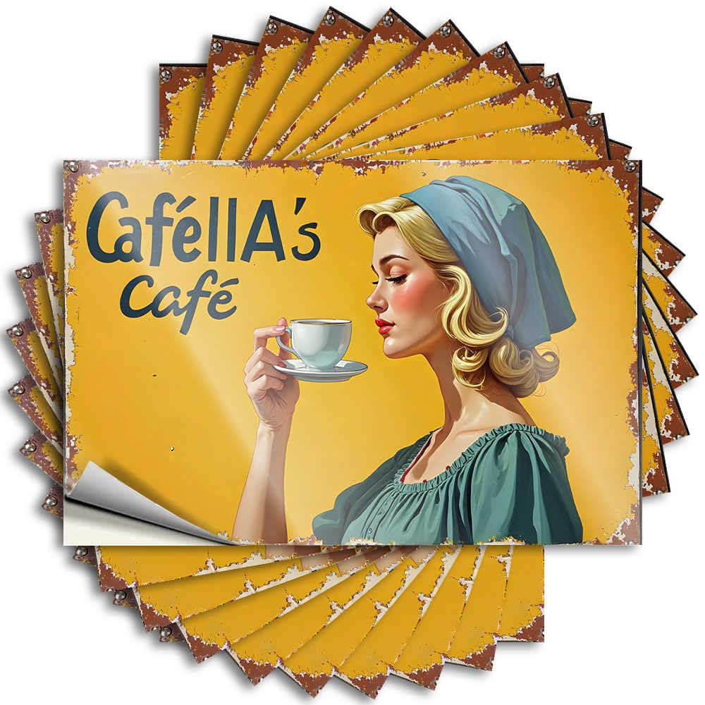 Teen Bumper Sticker - Vintage Café Sign: A Woman Enjoying Coffee At Cafella's Fun Durable Sticker Easy Apply for Sports Decor(6X9CM)