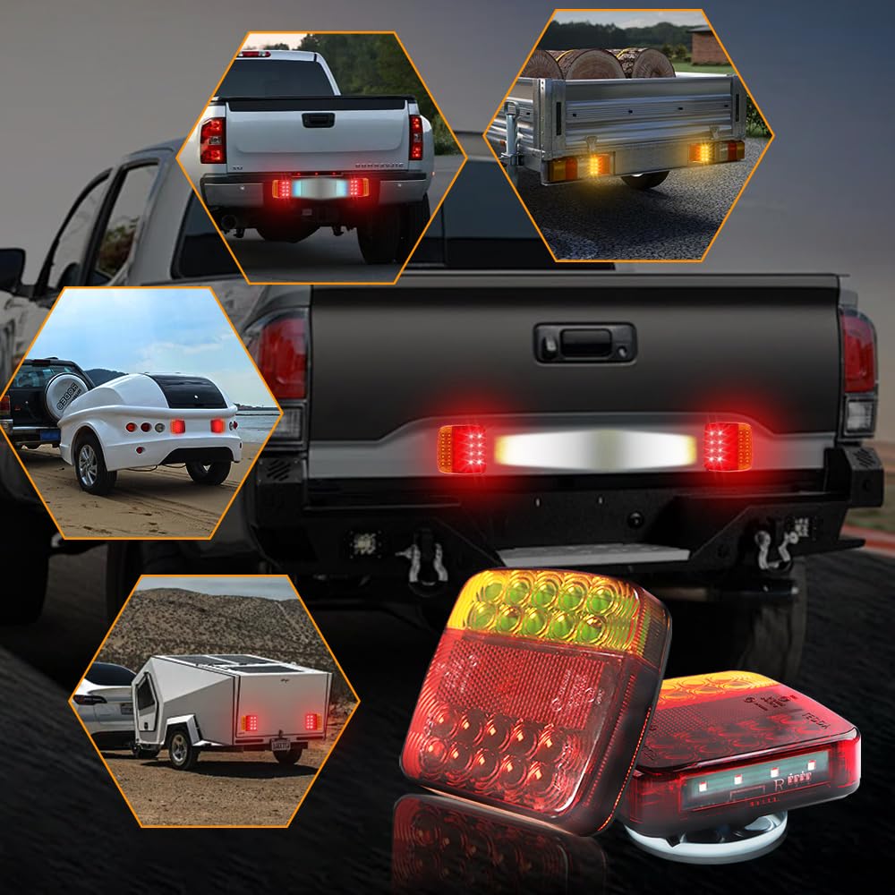 Luces Traseras para Remolque Inalámbricas Magnéticas, Luces Traseras para Remolque con Enchufe de 7 Pines, 12-24V 5 Funciones, para Barco Camión RV Pickup Camper Caravana