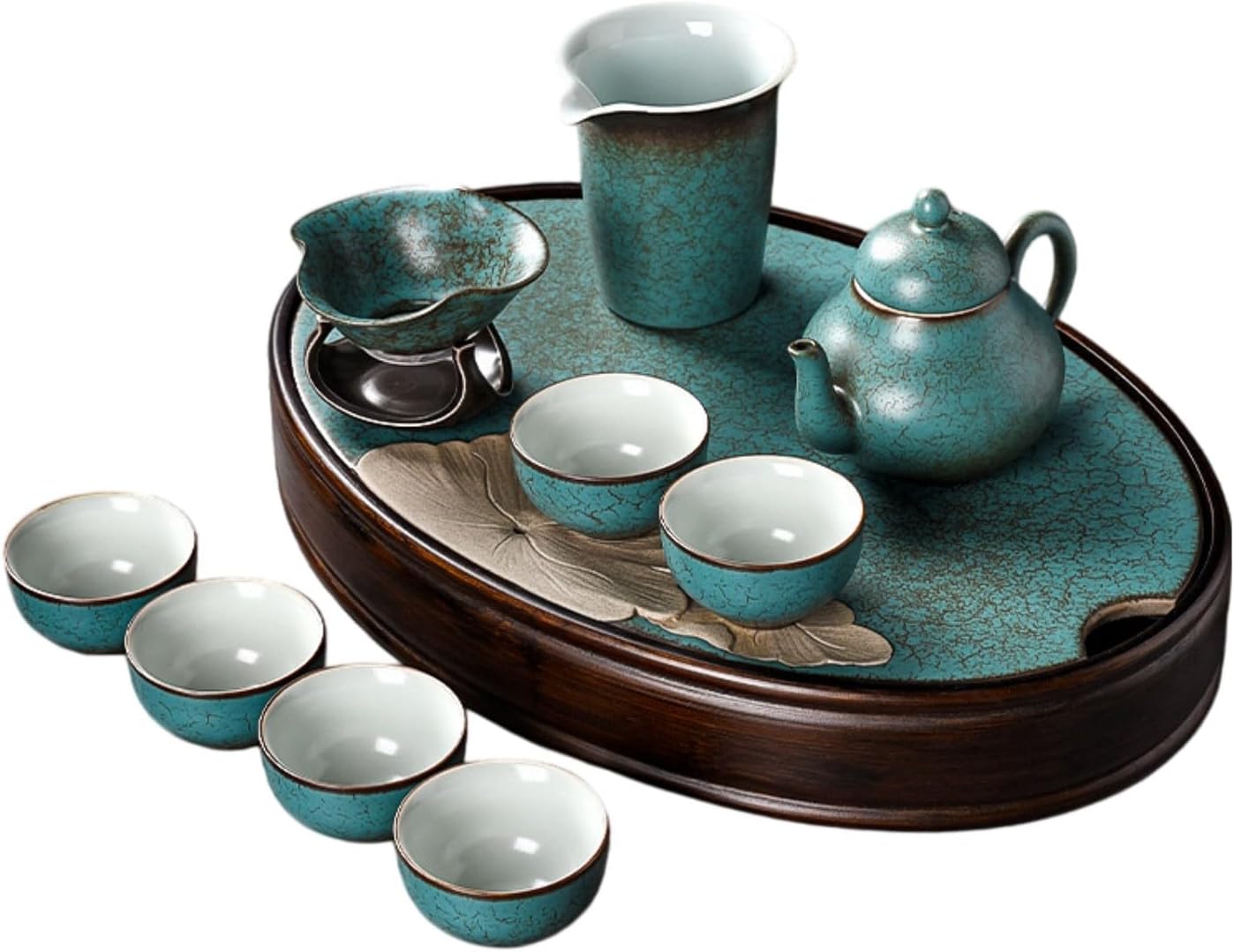 玛瑙绿窑变功夫茶具干泡盘套装家用陶瓷 Ceramic Kung Fu Tea Set,teapot,Teacups,warming Wedding Birthday Gift,Tea Tray Chinese,Dishwasher Safe 逸趣壶荷韵大重竹盘【10件套】