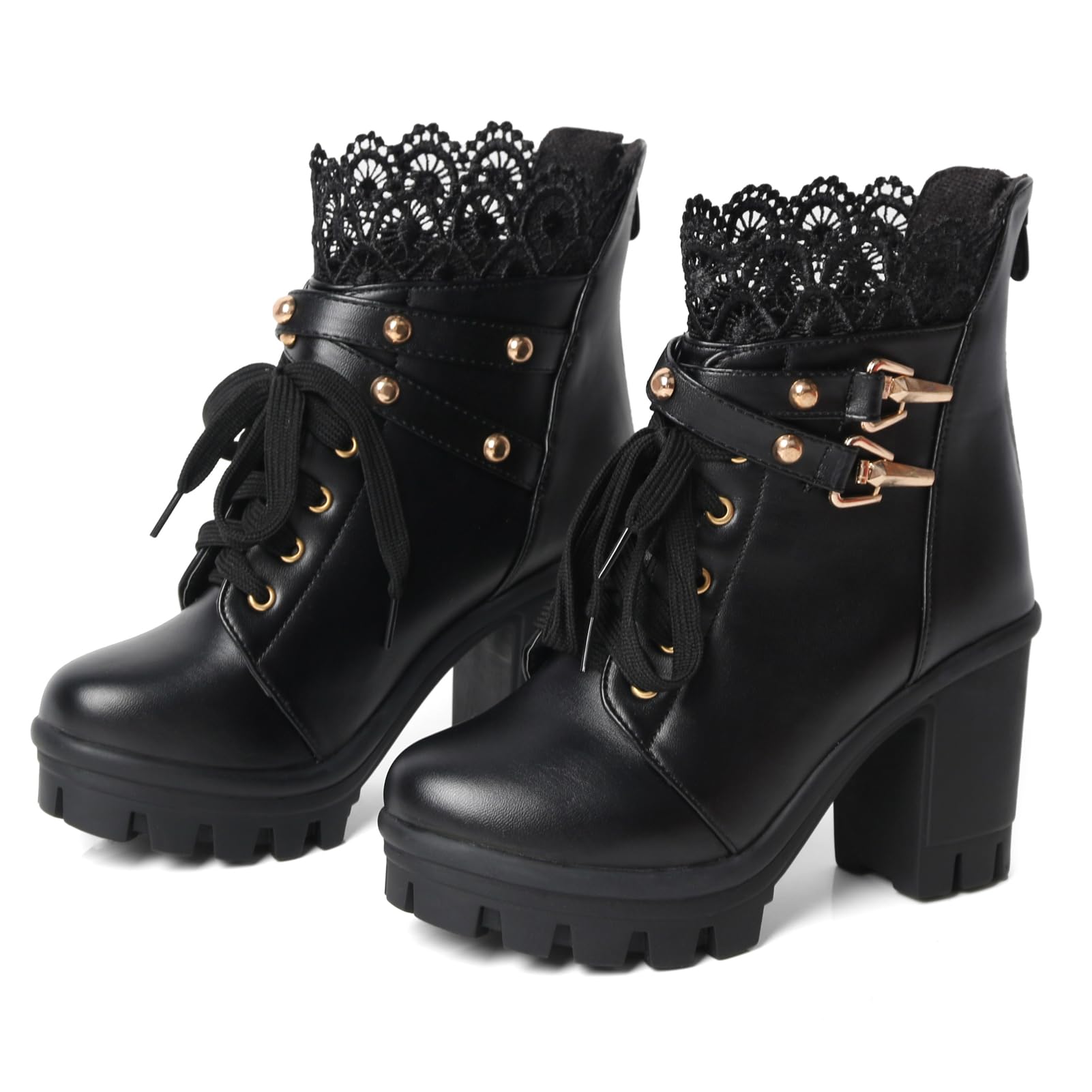 Goth Boots Chunky Heel Boot For Women Ankle Combat Booties Black Platform Bootie Buckle Rivets Punk Goth Shoes