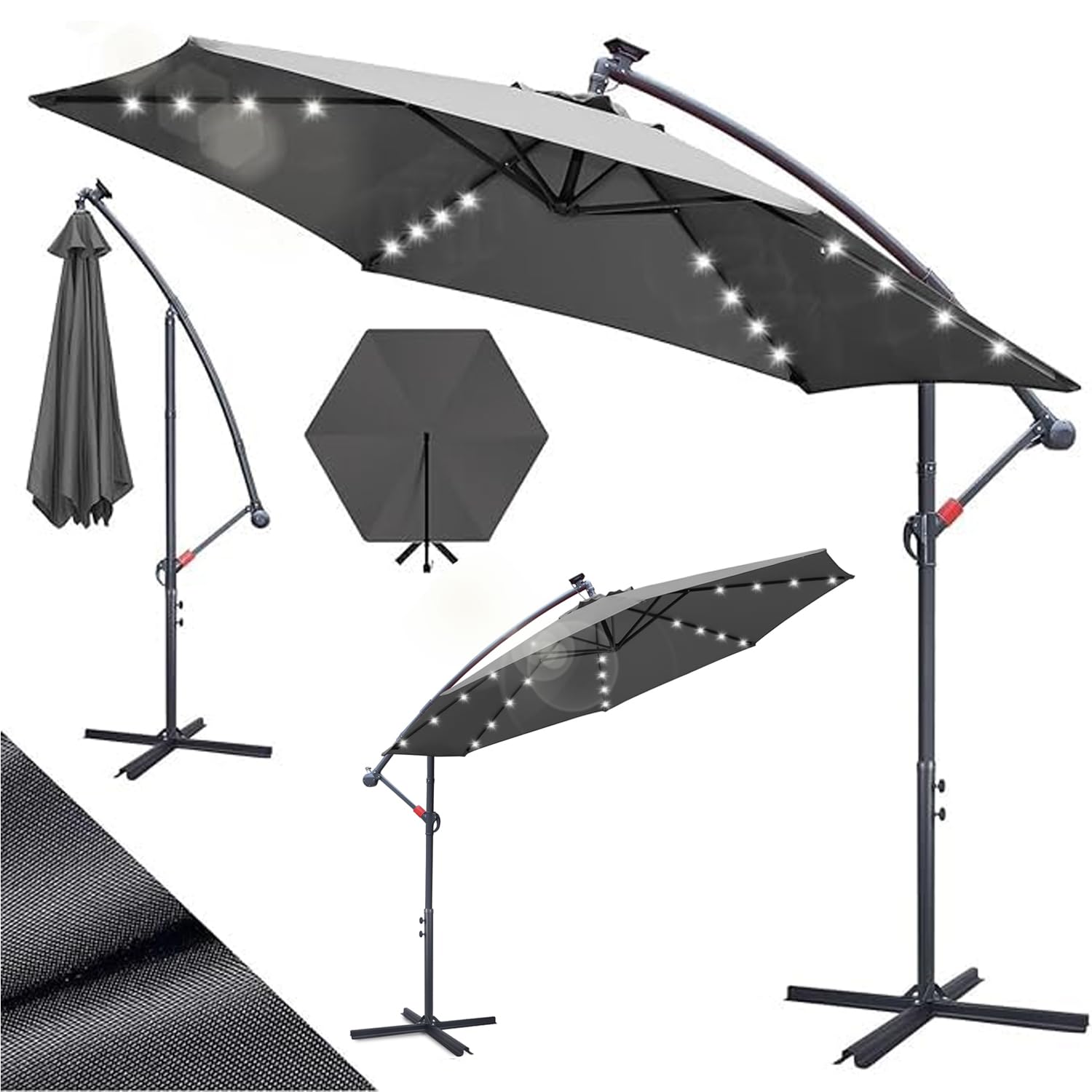 Parasol przeciwsłoneczny, Ø 300/350 cm, z korbą, z lampką solarną LED lub bez niej, parasol ogrodowy ze stojakiem, ochrona przed słońcem, ochrona przed promieniowaniem UV | parasol na korbę
