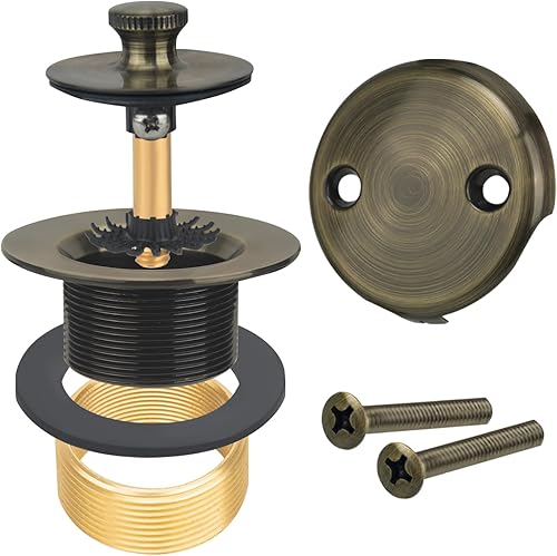 Uni-Green Lift&Turn - Kits de drenaje de bañera con buje adaptador, acabado de latón antiguo (2 agujeros)