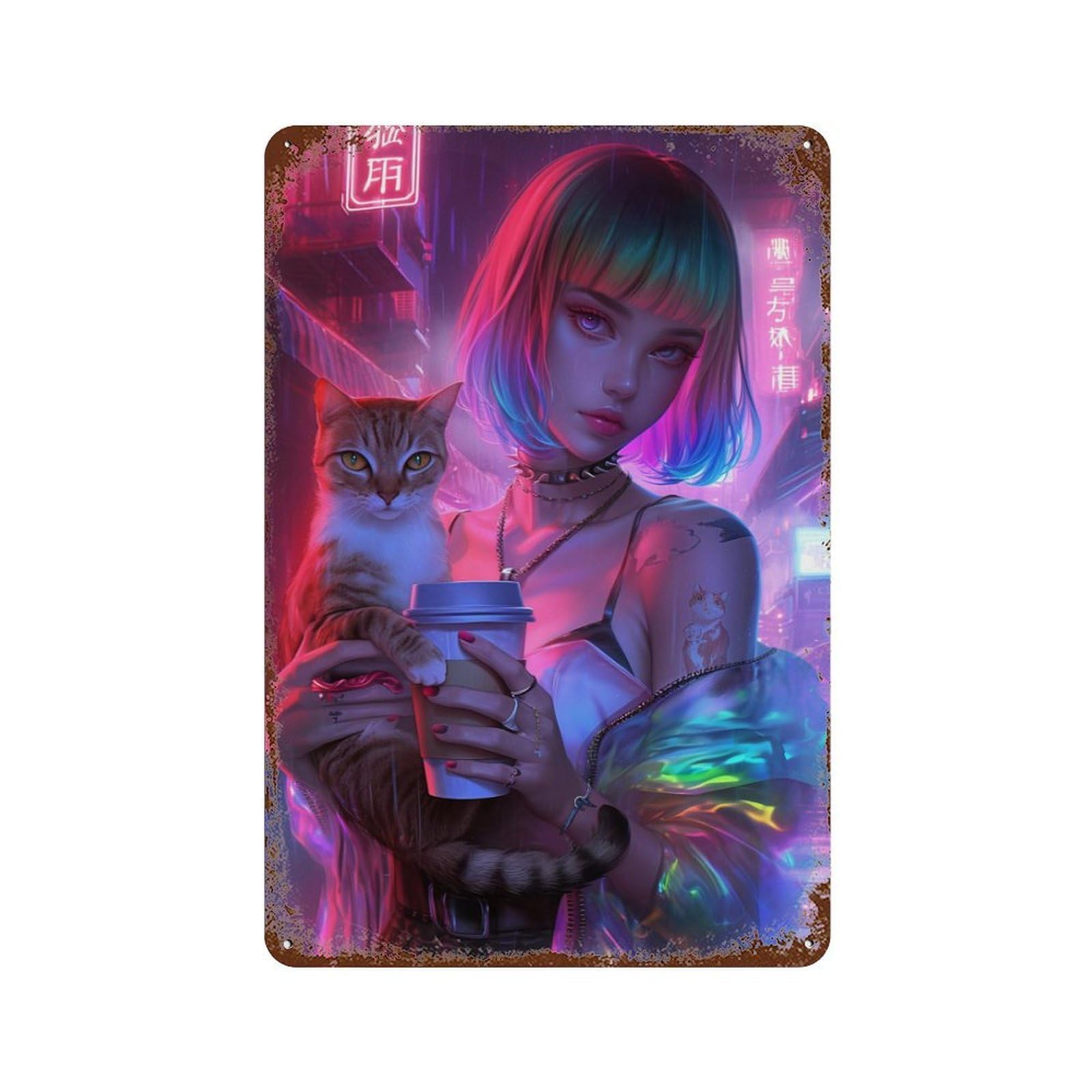 Neon Cat Girl Decorative Tin Sign 11.8"x7.9", Shabby Chic Decor for Garage, Pub Or Kitchen
