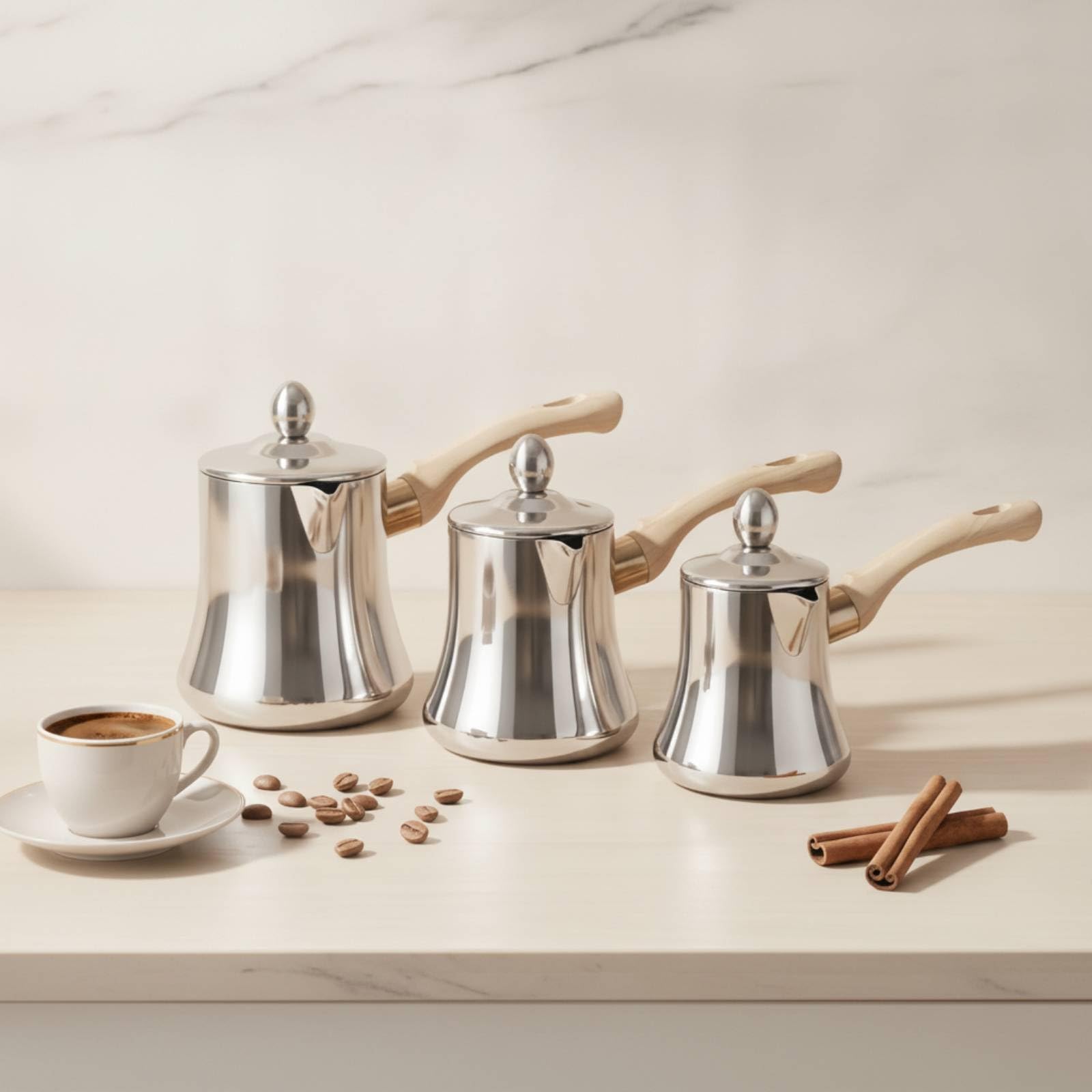 3 Stück Latte-Art-Kanne mit Holzmaserungsgriff glänzend poliert Kaffee-Milchbehälter mit Deckel lebensmittelecht Ausgießer Spout