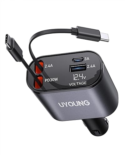 Miniatura 12 de Adaptador de cargador de teléfono para automóvil, paquete de 2, cargador retráctil para automóvil 4 en 1, carga rápida, cables retráctiles duales de