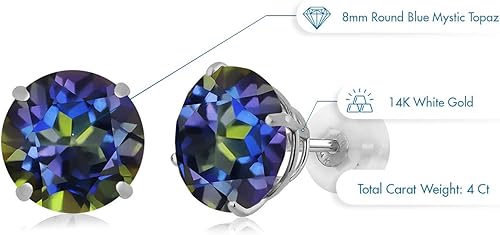 Miniatura 4 de Gem Stone King Aretes de oro blanco sólido de 14 quilates con piedra natal redonda de 0.315 in Aretes de oro con respaldo cómodo para mujer