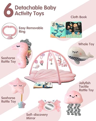 Miniatura 4 de Tapete de gimnasio para bebé, tapete de gran tamaño con 6 juguetes desmontables para exploración sensorial, desarrollo de habilidades motoras,