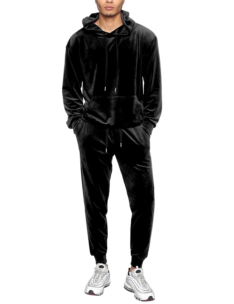 LecGee Men 2 piece Velvet Hoodie Set Fashion Velour Gym