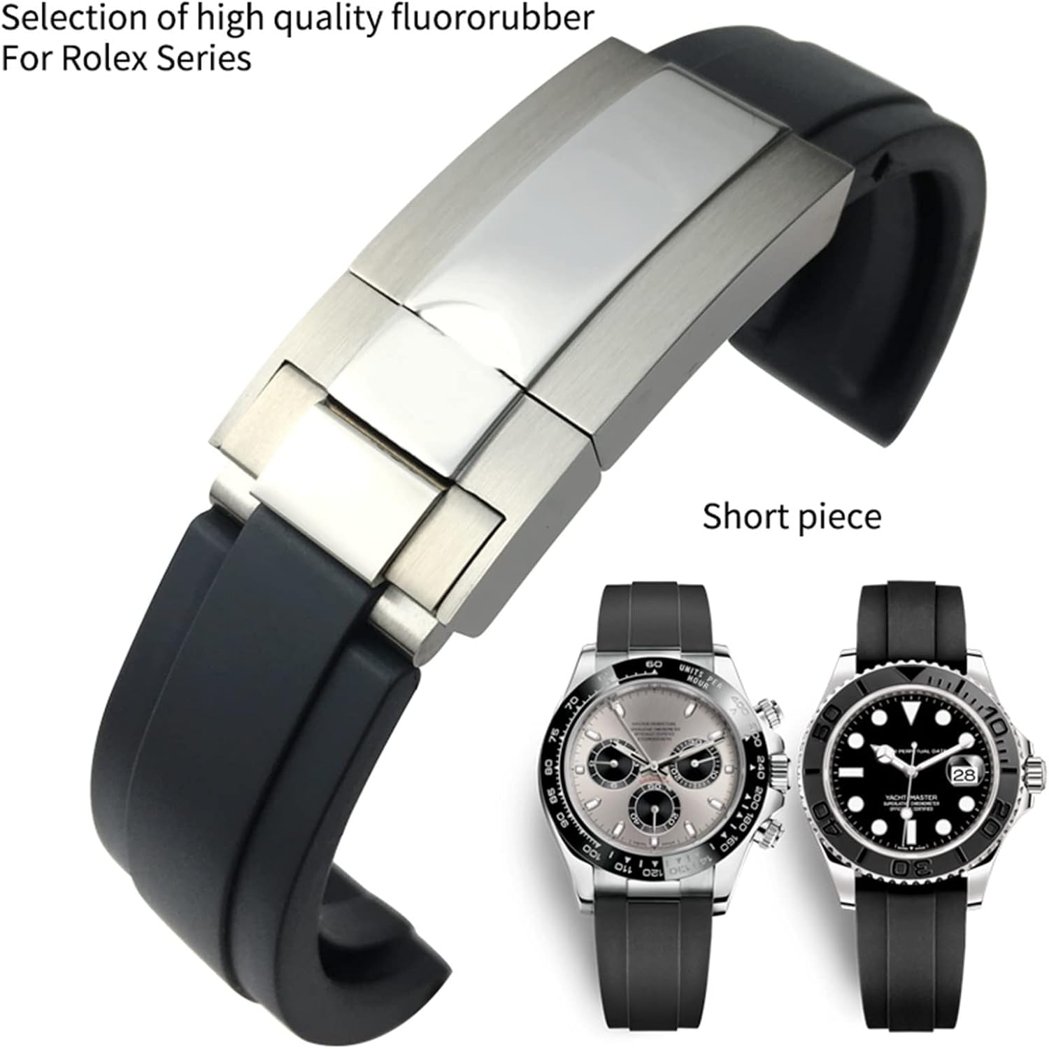 20mm Quality Fluorine Rubber Watch Strap for Role Daytona GMT GMT OYSTERFLEX Black Bracelet Waterproof Watchband (Color : Black, Size : 20mm Silver Clasp)