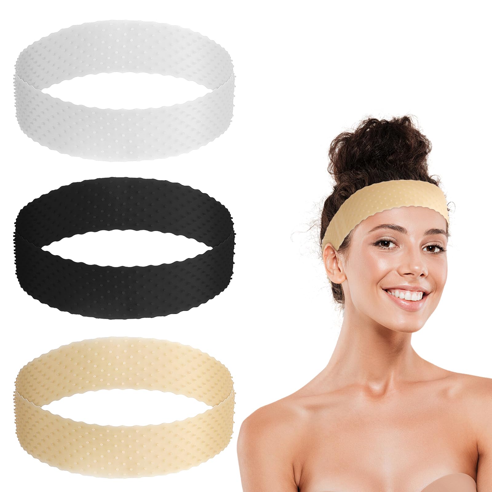 AHQiZFX 3 Pieces Wig Grip Band, Adjustable Wig Fix Headband Silicone Non Slip Wig Bands Elastic Wig Gripper Women Men Wig Bands Sweat-proof Hold Wig Cap Hairband for Keeping Wigs(beige+black+white)