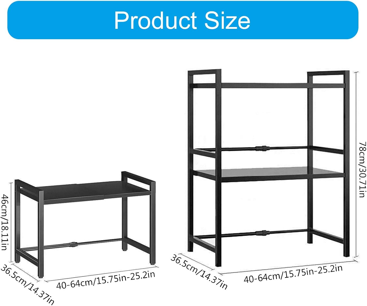 拡張可能 キッチンシェルフオーガナイザー 電子レンジ用 フック付き 頑丈なカーボンスチールスタンド 鍋やフライパン用 大容量