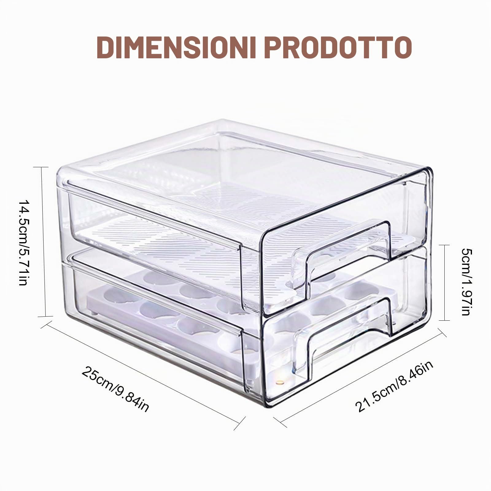 Organizer Frigorifero con Cassetta, Doppio Organizzatore da Cucina Trasparente Impilamento e Riutilizzabile, Contenitori per Frigorifero Salvaspazio per Cucina Familiare, Frutta,Verdura,Carne,Snack